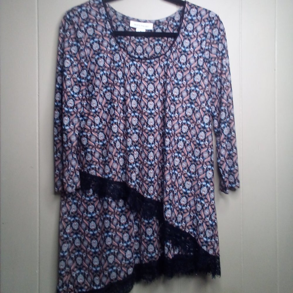 Skye's The Limit Blouse L 3/4 Sleeve Lace Trim Brown Black